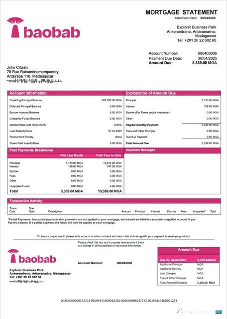 Download Madagascar Baobab Banque Madagascar mortgage statement Word and PDF template Photoshop template